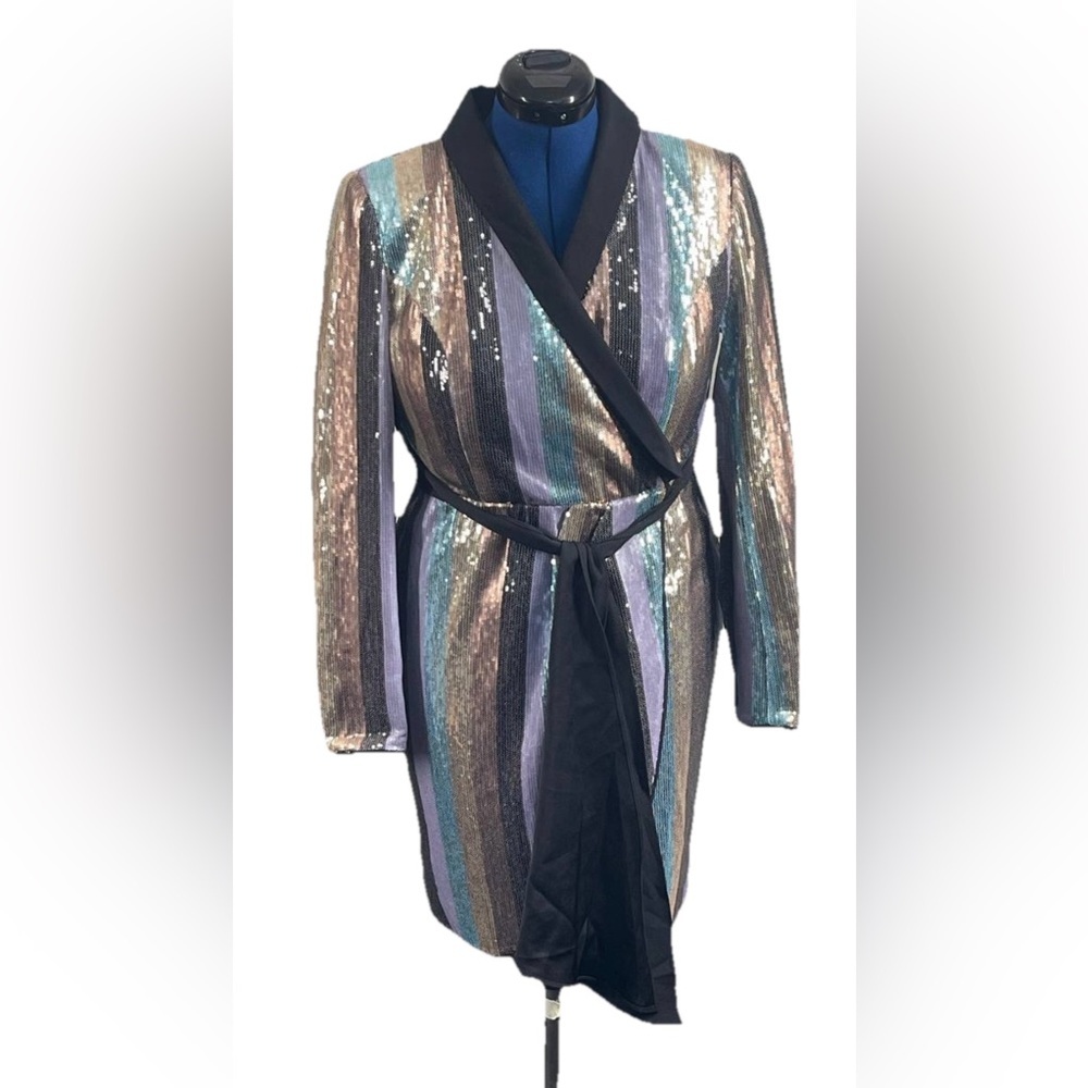 Venus Colorful Striped Sequin Tuxedo Dress Woman’s Sz 6, Faux Wrap, Zipper Retro